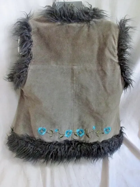 Youth Girls DUBSTER SUEDE Fur JACKET Coat Vest 6 GRAY Floral Hippie Embroidered